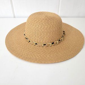 Nicole Marciano Straw Hat with Gold Chain Trim